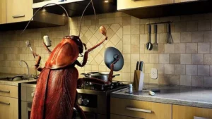 Cafard dans une cuisine, près d'une surface de travail.